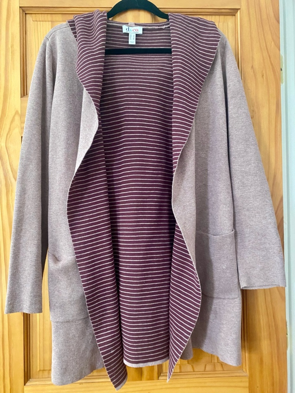 d&co Denim & Co Open Front Hooded Cardigan Stripe Interior Longline Size S